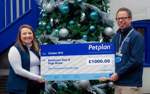 Two people hold an oversized £1,000 donation check from Petplan to Battersea Cats & Dogs Home, labeled "October 2019 Winners," standing in front of a decorated Christmas tree.