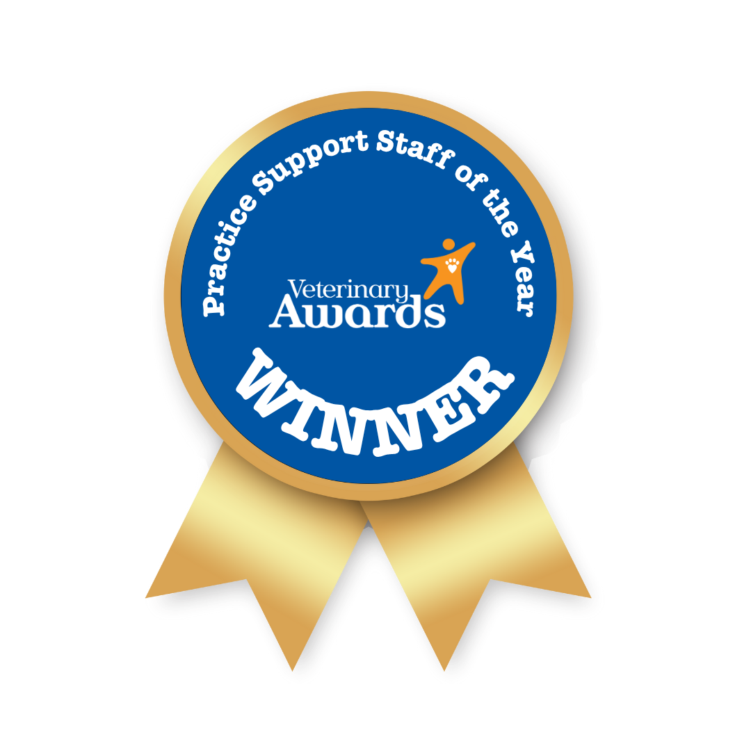 A blue and gold award ribbon for "Practice Support Staff of the Year" from Petplan Veterinary Awards 2025