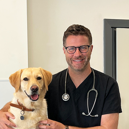 Headshot of James Greenwood with a golden labrador