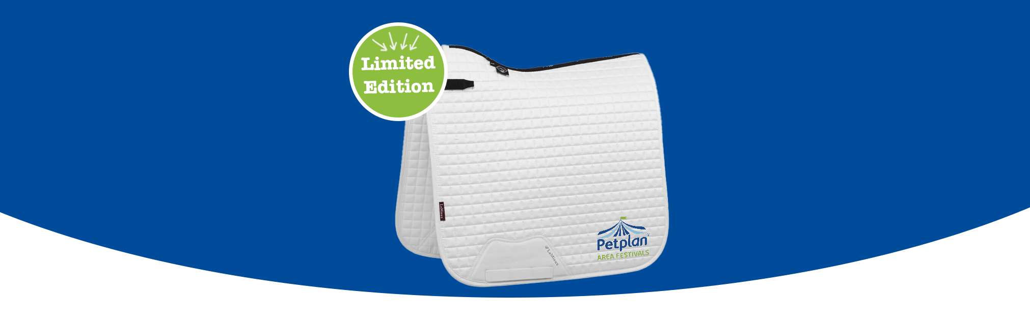 Blue banner with an image of the Petplan Area Festival saddle cloth