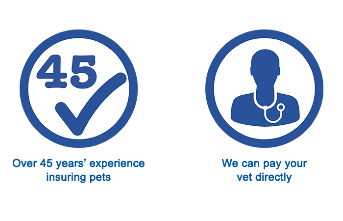 Two icons with two messages: 1. over 45 years' experience insuring pets. 2. we can pay your vet directly