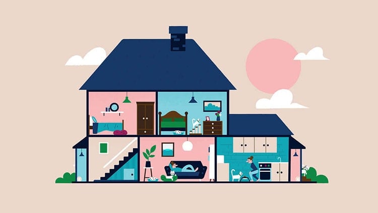 An illustration of a cross-section of a house, showing different rooms and people interacting with pets.