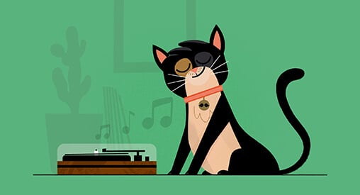 An illustration of a black and white cat with a red collar and bell, sitting next to a record player.