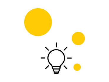 An illustration of a lightbulb with radiating lines, surrounded by three yellow circles of varying sizes.