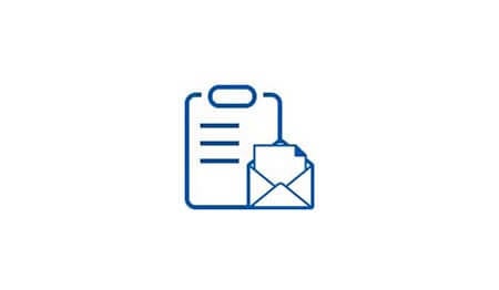 A blue outline icon of a clipboard with lines on it, connected to an open envelope with a document inside.