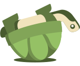 A cartoon green and yellow turtle lying on its shell.