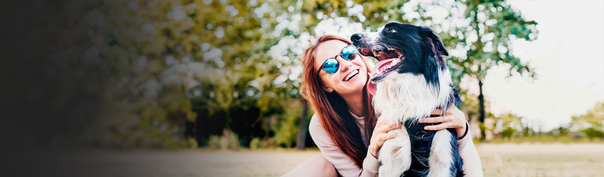 A smiling woman in sunglasses hugs a happy black and white dog outdoors.