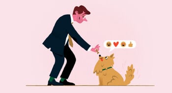 An illustration of a man in a suit giving a treat to a dog, with emojis showing the dog's happiness.