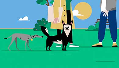 Illustration of two people and two dogs in a park, with one dog sniffing the ground.