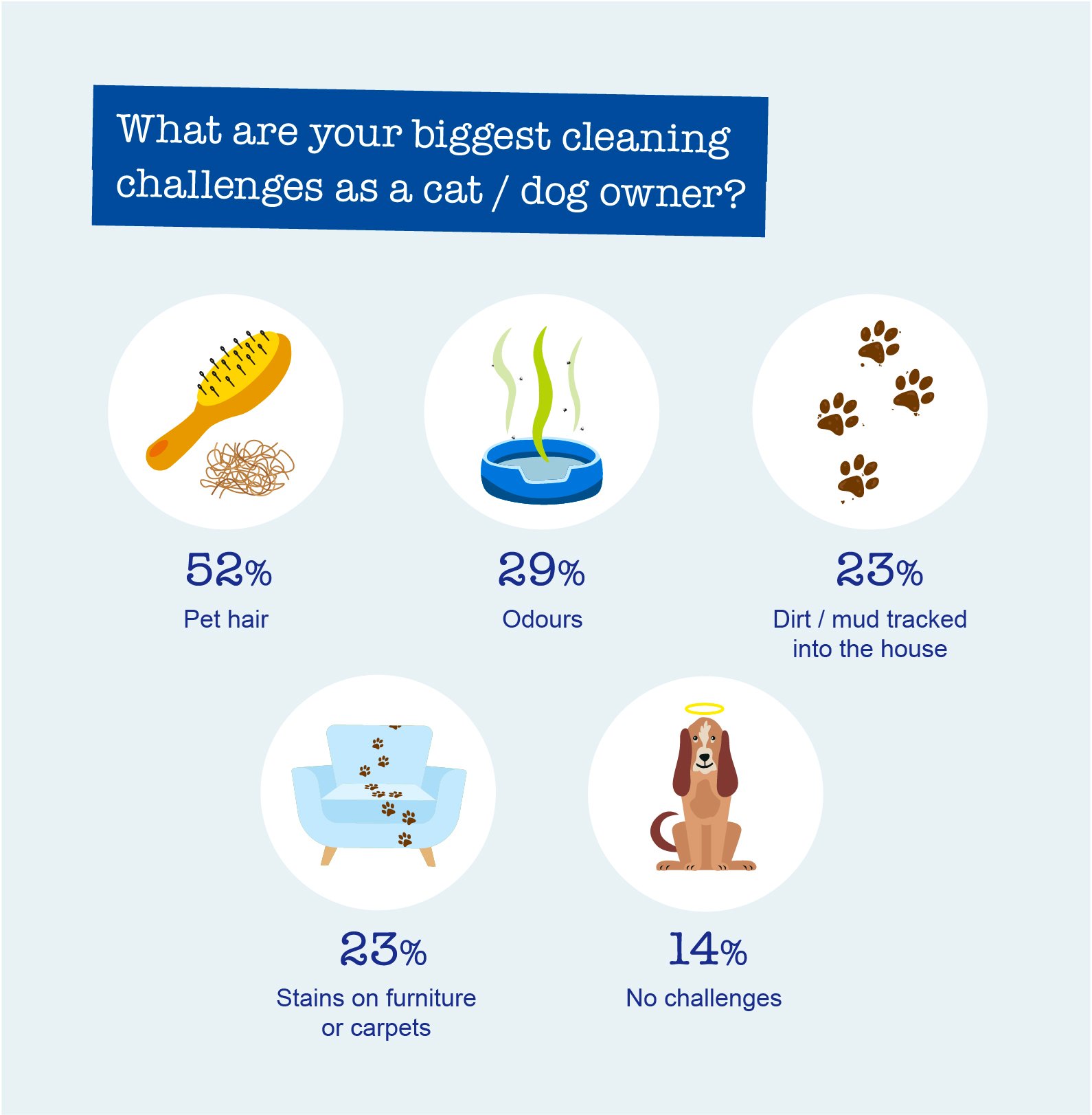 Infographic "Which items have you replaced the most often due to pet damage?" with percentages for various items.